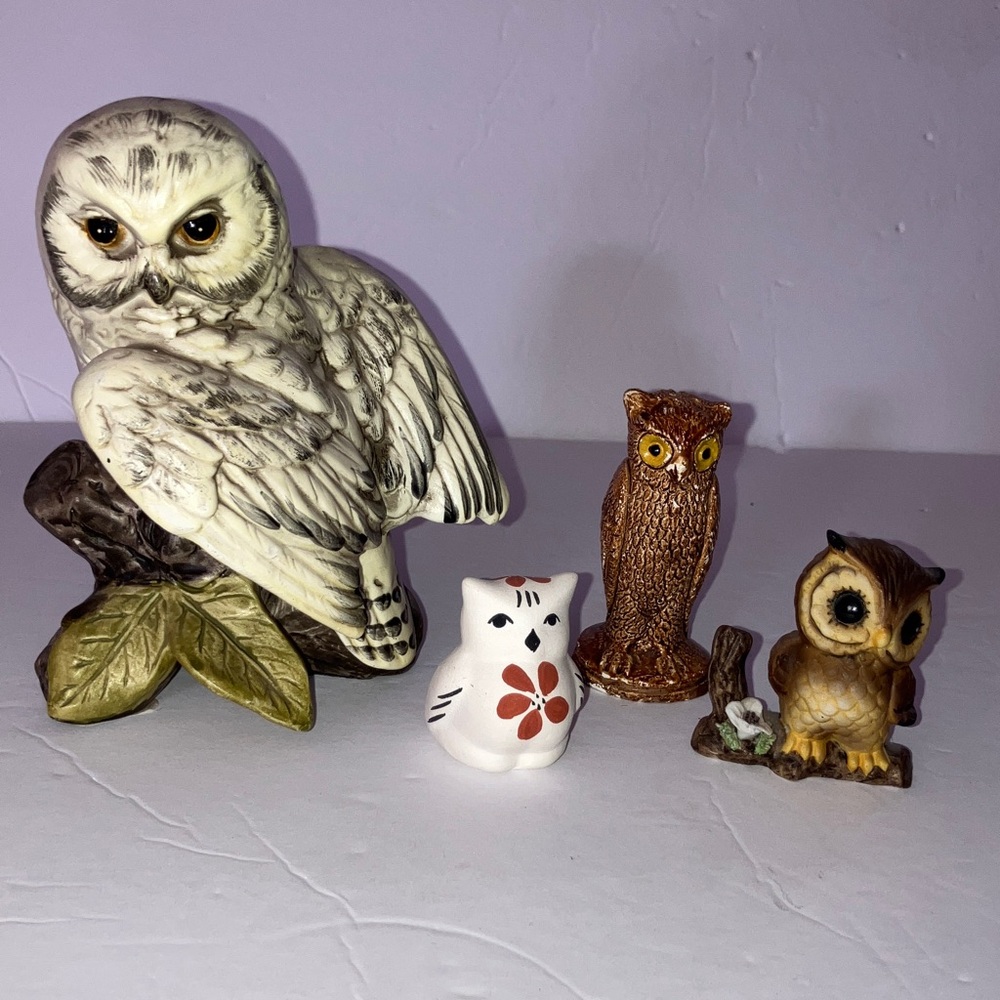 Charming Owl Figurine Set 4 piece‎ -  2-5 inches White, Brown, and Tan